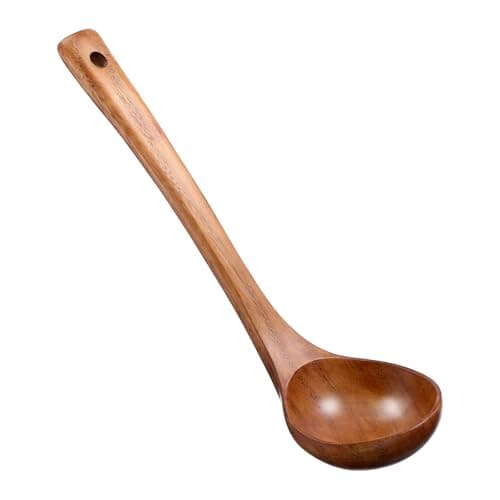 Image of Cobee 28cm Wooden Ladle, Long Handle Wood Soup Handcrafted Wooden Soup Deep Round Serving Cooking Scoop for Kitchen Cooking Stirring