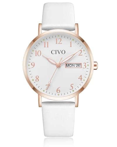 Image of CIVO Easy Read Watches for Women: Clear Face with Numbers Luminous Hands Date Day - Analog Ladies Watch with White Leather Strap for Casual Daily Wear Gift