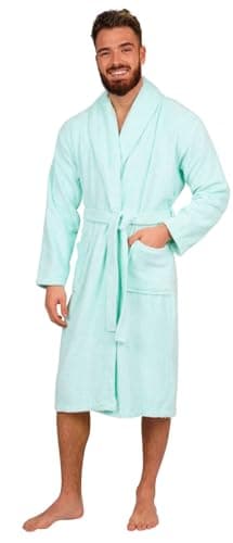 Image of Adore Home Mens 100% Cotton Bathrobe Terry Towelling Shawl Collar Bath Robe Dressing Gown, Duck Egg, XXL