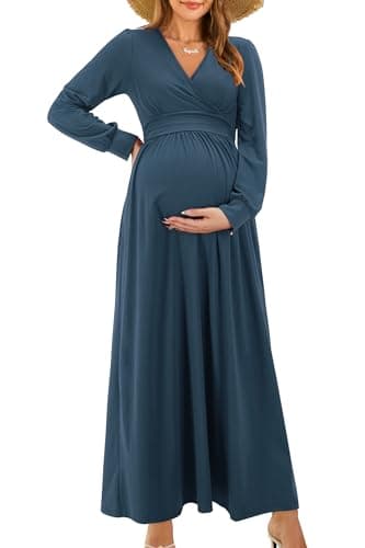 Image of OUGES Women's 2025 Fashion Long Sleeve V Neck Maxi Dress with Pockets Maternity Clothes Nursing Dresses-M Gray Blue