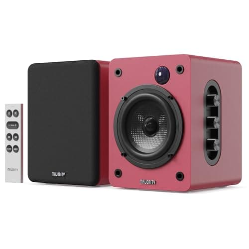 Image of MAJORITY D50X(Maroon) | Bookshelf Bluetooth Speakers | Wireless Active Speakers Pair | Hi-Fi, 2.0 sound | Desktop, Monitor & PC | 60W, HD Sound, HDMI ARC, Optical, AUX & USB Playback | Remote Included