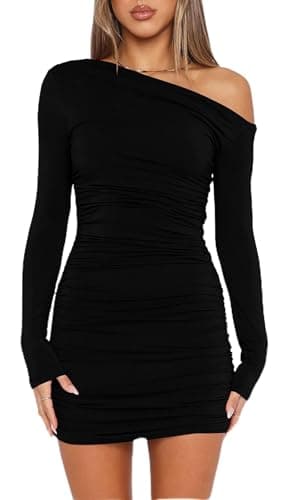 Image of ELFIN Women's Sexy Bodycon Mini Dress Long Sleeve Off Shoulder Ruched Club Party Evening Short Dresses Black