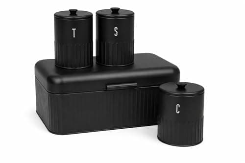 Image of Blackmoor Callisto Tea, Coffee, Sugar, Bread Bin Storage Set/Secure Lids for Freshness / 4pc Kitchen Canisters/Ribbed Embossed Design (Black)