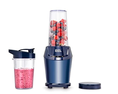Image of Morphy Richards Compact Personal Blender, 2 x Cups with Lids, Smoothie Maker, 3 Pre-settings, Dishwasher Safe, 1000w, Midnight Blue, 403060