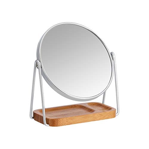 Image of Amazon Basics Round Dressing Tabletop Mount Mirror with Rectangle Bamboo Tray -1X/5X Magnification, Chrome, 18.3L x 8.5W cm
