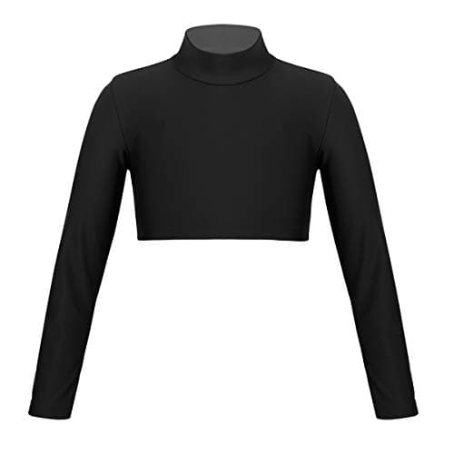 Image of Xnihocha Kids Girls Athletic Tops Plain Turtleneck Long Sleeve Crop Top Dance Sports Workout Activewear Black 7-8 Years