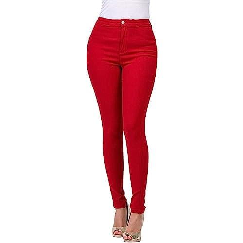 Image of Jeggings for Women UK High Waist Tummy Control Denim Jeans, Ladies Pull-On Skinny Pencil Pants Distressed Stretch Trousers Slim Fit Butt Lifting Loungewear Red L