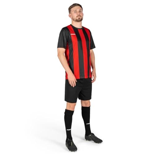 Image of FORZA Men’s Striped Short Sleeve Football Kits – Football Jersey Kits for Adults | Full Football Shirts, Shorts & Socks Set [5 Colours, XS-XXL] (UK, Alpha, XS, Regular, Regular, Black and Red)