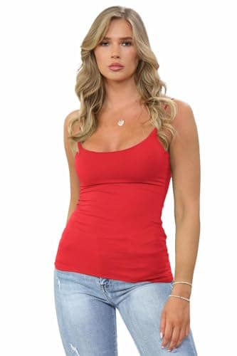 Image of Hamishkane® Womens Plain Bodycon Cami Strappy Sleeveless Tank Tops, Slim Fitted Scoop Neck Vest Tops Women UK, Stretchy Gym Wear, Casual Summer Ladies Vest Red