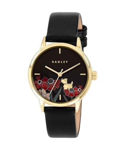 Image of RADLEY Gold Plated Case Dog Printed Dial Black Leather Strap Watch RY21906A
