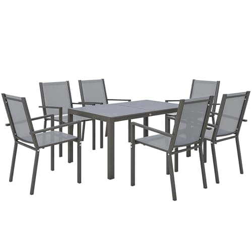 Image of Outsunny Garden Dining Set for 6, Metal Garden Table and Stackable Chairs Set 6 Seater Garden Furniture with Rectangular WPC Top Dining Table and Texteline Fabric for Outdoor, Patio, Light Grey