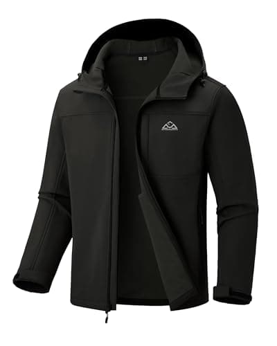 Image of donhobo Men's Softshell Hiking Jackets,Mens Outdoor Fleece Lining Jacket,Showerproof Durable Lightweight Waterproof And Windproof Coats With Hood Black XXL