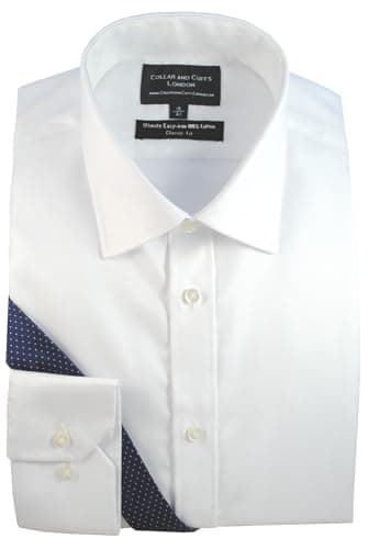 Image of Men's Long Sleeve Twill Shirt - 100% Cotton - Ultimate Easy Iron - Fit Guaranteed - Business Formal Smart Casual - White Shirts for Men - Classic Fit, Single Cuff - Plain Pattern - C 15.5