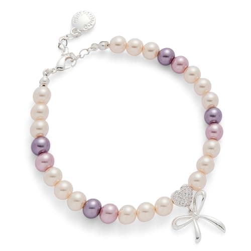 Image of equilibrium Freshwater Pearl Bracelet with Silver Plated Bow Charm, Adjustable Beaded Design, Pavé Heart Detail, Pink and Purple Pearls