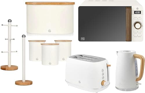 Image of Swan Fjord White Jug Kettle, 2 Slice Toaster plus Nordic 800W 20L Microwave, Bread bin, Canisters, Mug Tree & Towel Pole. Scandinavian Inspired Design Kitchen Set from the Swan Nordic Collection