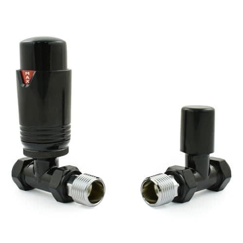 Image of Hot Flow Full Black Estuary Straight TRV Thermostatic Radiator Valve (Pair) Includes Straight TRV Body, Wheel Head & Lock Shield for Quick & Easy Temperature Control. Perfect for Energy Saving.