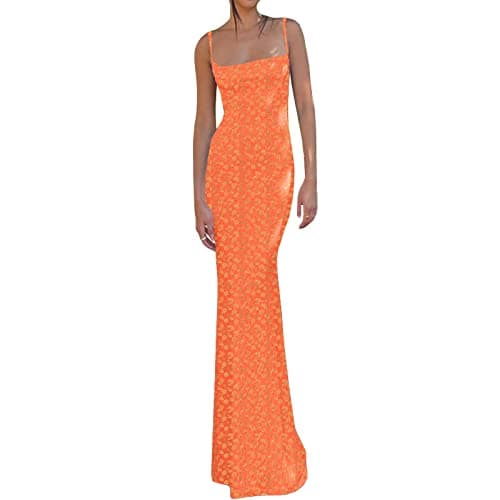 Image of Betrodi Women Cutout Backless Maxi Dress Sexy Sleeveless Floral Print Cocktail Dresses Bodycon Spaghetti Strap Long Dress Y2k (D Orange Cute, L)