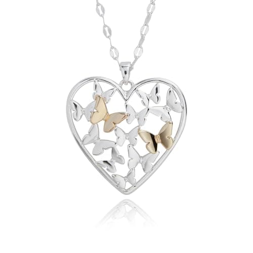 Image of equilibrium Filigree Two Tone Butterfly Silver and Gold Plated Heart Pendant Long Necklace