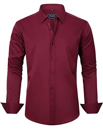 Image of J.VER Mens Shirt Long Sleeve Dress Fashion Stretch Non Iron Formal Business Casual Wedding Work Button Down Shirts Burgundy Red L