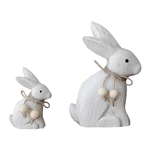 Image of Wooden Bunny Figurines Pair - Hand-Carved Rabbit Statues for Table Centerpieces, Bookshelf Decor, Easter & Home Accents (2 Piece Set)