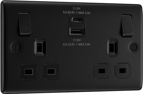 Image of BG Electrical 22W Double Switched Wall Plug Socket with Fast Charge Type A & C USB Charging Ports, Nexus Metal, Matt Black, 13A, NFB22UAC22B