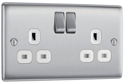 Image of BG Electrical Double Switched Power Plug Wall Socket, Nexus Metal, Brushed Steel, White Inserts, 13A, NBS22W