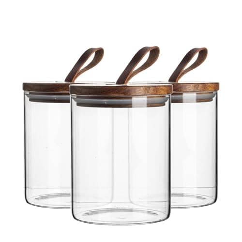 Image of Argon Tableware Scandi Storage Jars with Leather Loop Lids - 750ml - 3 Pack - Modern Round Organisation Container Glass Jar for Kitchens, Pantry, Bathrooms, Utility Rooms