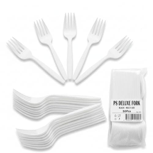Image of Reusable Forks Plastic Cutlery Set – Heavy Duty Reusable Plastic Forks Set Strong Disposable Cutlery Set for Party Weddings, Catering, BBQs & Events (White, 50 Forks)