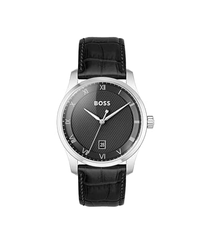 Image of BOSS Three Hand Quartz Movement Watch for Men Principle Collection with Black Leather Strap - 1514122