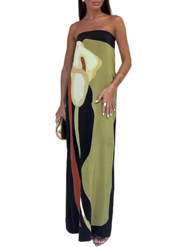Image of ThiCc Women's Boho Tube Top Maxi Dress - Sexy Summer Backless Strapless Sleeveless Off Shoulder Floral Printed Bodycon Slim Dresses Y2K Streetwear Robes for Party Cocktail (L,Green)