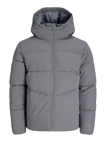 Image of JACK & JONES Mens Puffer Jacket Hooded Long Sleeve Detachable Hood Full Zip Outdoor Windproof Jacket for Men, Castlerock Colour, UK Size - XL
