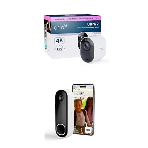 Image of Arlo Ultra 2 4K Ultra HD Outdoor Smart Home Security Camera CCTV System and FREE HD Wireless Video Doorbell 3 Camera House Security Kit, 12 x Zoom, Siren, White, With Free Trial of Arlo Secure Plan