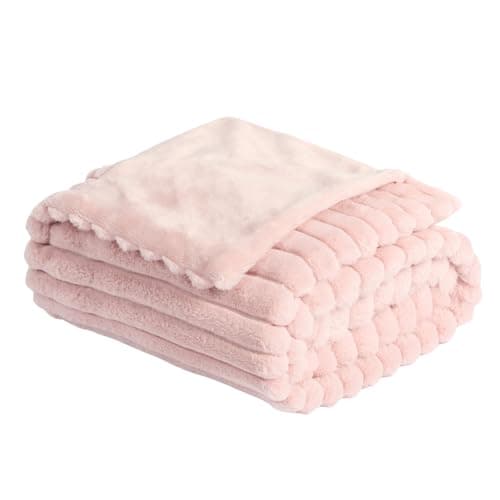 Image of OHS Faux Fur Throw Pink Blanket, Gifts for Women Winter Warm Thick Ribbed Fleece Blanket for Bed Sofa Settee Throw Blanket Decorative Comfy Single Bed Throw, 125 x 150cm, Blush Pink