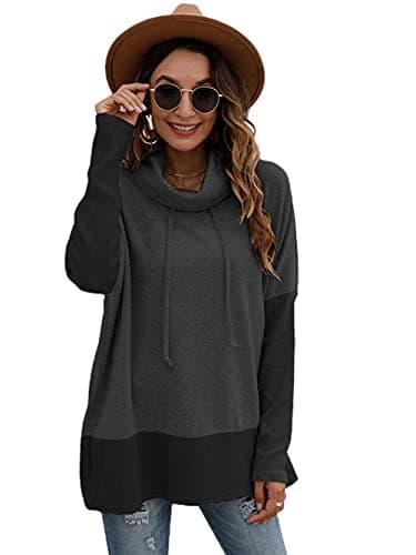 Image of Famulily Cowl Neck Womens Color Block Long Sleeve Hoodies Oversized Sweatshirt Pullover Top With Drawstring Black S/M