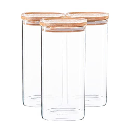 Image of Argon Tableware Square Glass Storage Jars with Airtight Wooden Lids - 1500ml - 3 Pack - Modern Kitchen Container Preserving Jars for Pickling, Chutney, Jam, Coffee, Olives, Sugar, Spices