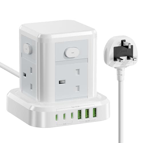 Image of Cube Extension Lead with USB Slots, 4 Way Multi Plug Extension Socket with 3 USB C 3 USB A(13A/3250W) Tower Power Strip with 4 Independent Switches 1.5M Extension Cords for Desk Home Office Travel