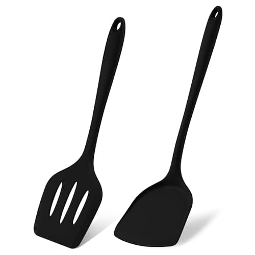 Image of Herogo Silicone Spatula, 2 Pieces Non-Stick Spatula Turner Set for Cooking, Heat Resistant Silicone Slotted Turner Utensils for Cookware Pan, Easy Clean, Dishwasher Safe, Black