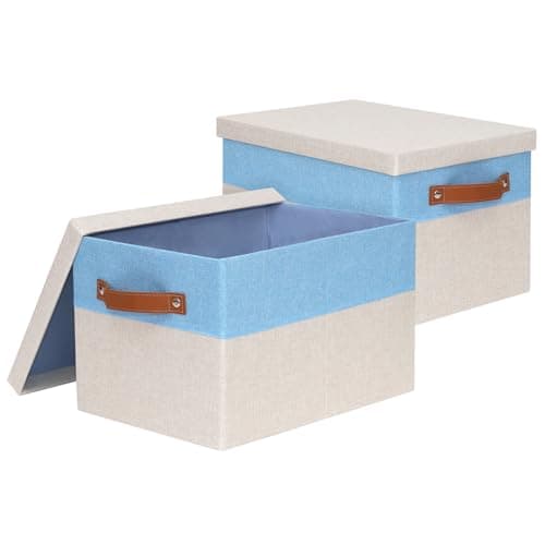 Image of BinWhiz Pack of 2 Large Storage Boxes with Lids, Foldable Fabric Storage Boxes for Shelves with Leather Handle, Decorative Storage Box for Clothes, Books, 38x28x24 cm (Blue & Beige)