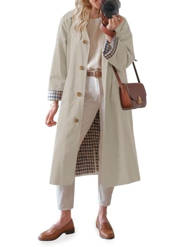 Image of Tankaneo Womens Long Trench Coat Single Breasted Oversized Windproof Overcoat Fashion Outerwear, Khaki, X-Large