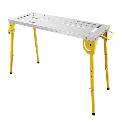 Image of Collapsible Welding Table, Heavy Duty Steel Workbench with Adjustable Height, 3 Tilt Angles, Retractable Guide Rails & Wheels, Slotted Top, Portable for Garage, 44 x 21 in, 500 lbs Load Capacity