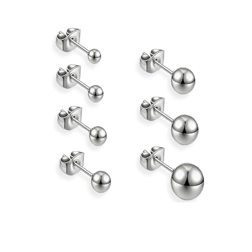Image of 7 Pairs Stainless Steel Round Ball Stud Earrings Set, Silver Studs Earrings for Women, Titanium Ball Studs, Cartilage Earring, Silver Stud Earring, with Sizes 2-8mm for Women & Men