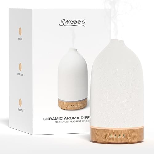 Image of SALUBRITO Ceramic Essential Oil Diffuser, 100ml Ultrasonic Aromatherapy Diffuser for Home, Office, Cool Mist, Scented Oil Diffuser with Warm Light & Timer Setting, Great for Yoga, Sleep, White