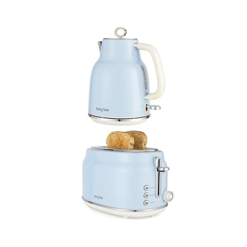 Image of Salter Retro Kettle & 2-Slice Toaster Set - Wide Slots, 3KW Rapid Boil, 6 Browning Levels, 360° Base, Removable Limescale Filter, Defrost, Reheat & Cancel, High-Lift Eject, Removable Crumb Tray, Blue