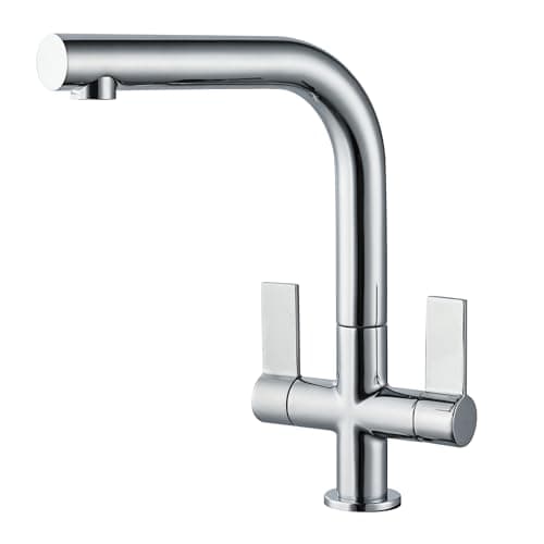 Image of Hapilife Kitchen Taps Mixer Dual Lever L Shape Kitchen Mixer Taps 1 Hole Square Sink Tap Monoblock Polished Chrome Tap for Kitchens Sink Faucet with 360° Swivel Spout Brass