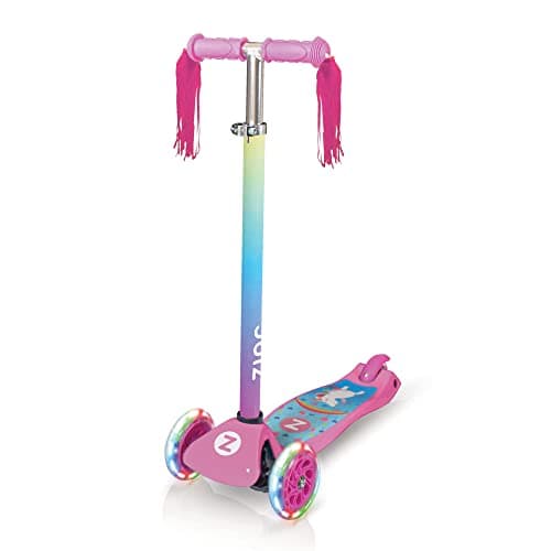 Image of Zinc Explorer Kids Scooter for Ages 3+ – Three Wheeled Boys & Girls Scooter with LED Light Up Wheels, Adjustable Handlebar, Lean ‘n’ Steer Controls, Rear Brake, Soft Rubber Grips, Pink Unicorn