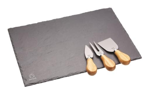 Image of Artesà Slate Cheese Board and Knife Set in Gift Box, 4 Pieces, Black