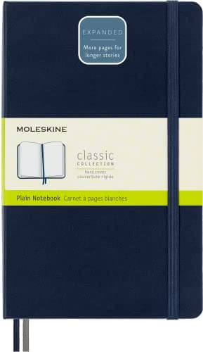 Image of Moleskine - Classic Notebook Expanded, Plain Notebook, Hard Cover and Elastic Closure, Size Large 13 x 21 cm, Colour Sapphire Blue, 400 Pages