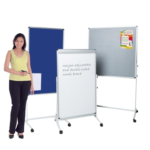 Image of Mobile Noticeboard in Grey | Dual-Sided Combination Easel with Dry-Wipe Whiteboard on Reverse | Height Adjustable - Ideal for Office, School Presentation (H) 100 x (W) 100cm