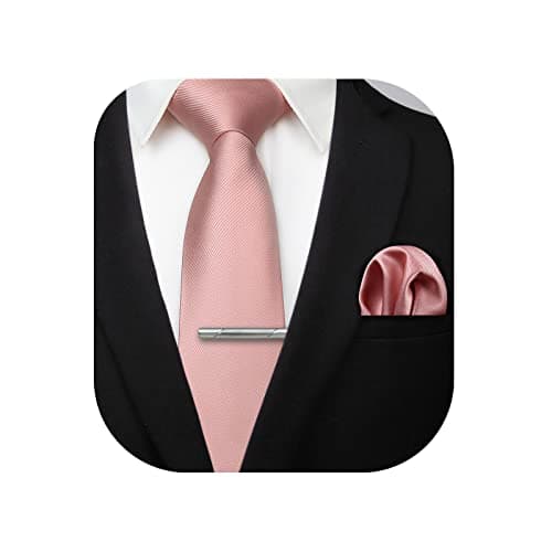 Image of HISDERN Pink Solid Color Wedding Tie and Pocket Square, Classic Tie Clip Set for Men-Multiple Colors