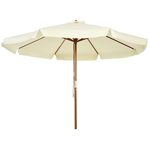 Image of Outsunny 3.3m Wooden Garden Parasol Umbrella, Outdoor Sun Shade Canopy with 8 Bamboo Ribs, Ruffles and 4.7 cm Wood Pole for Balcony Deck Yard Market Beach Pool, Beige